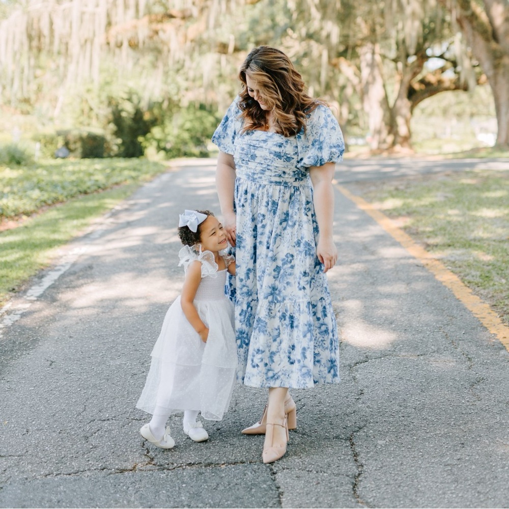 Blue Floral Emerson Poplin Puff Sleeve Midi Dress